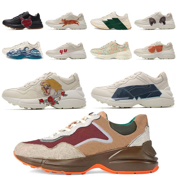 

rhyton vintage leather sneakers mens designer shoes womens casual shoes classic white leather thick sole vintage trainer dad shoes e3j e2ow#, Black