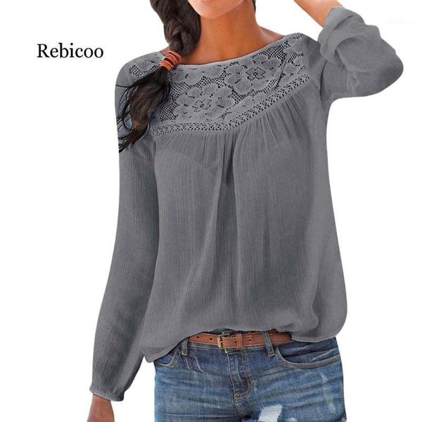 

lace patchwork shirt ladies casual long-sleeved solid color large size loose women's blouses & shirts, White