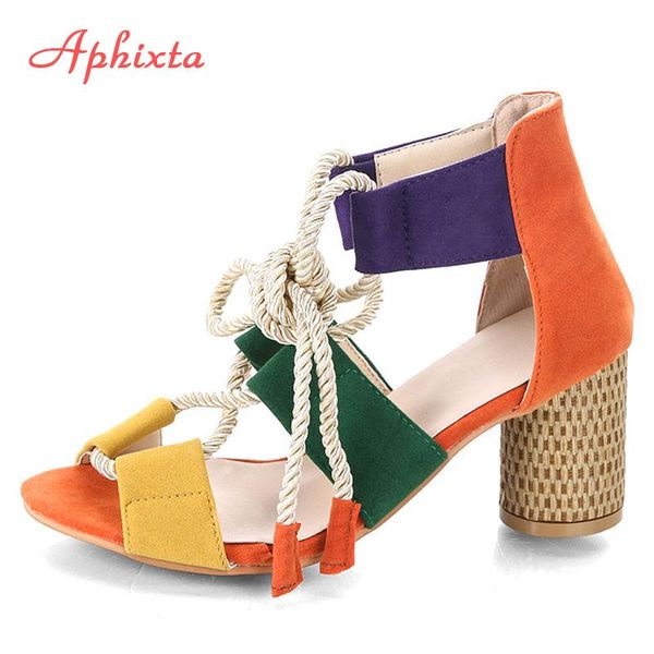 

sandals aphixta gladiator peep toe women cross-tied zip flock summer shoes square cover heel party sandalias, Black