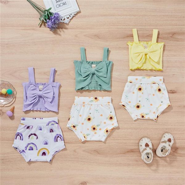 

clothing sets 2pcs kids suit set baby girl outfit summer solid color sleeveless short + floral print pants born clothes, White