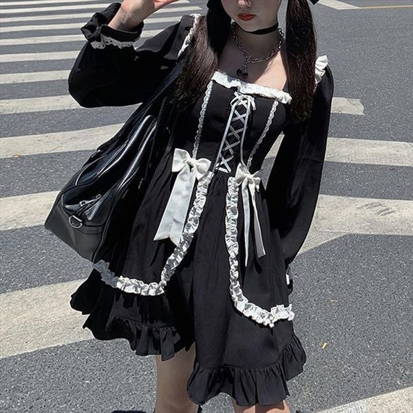 

kawaii lolita milkmaid japanese maid women dresses costume gothic ruffle bandage staple long sleeve autumn, Black;gray