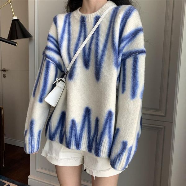 

women's sweaters [ewq] fashion korea chic tie-dye knitted pullovers autumn 2021 o-neck loose long sleeve sweater female 16e3157, White;black
