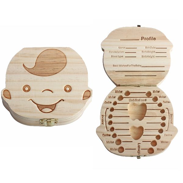 Spanisch Englisch Baby Kreatives Geschenk Holz Baby Mädchen Junge Zahn Organizer Boxen Speichern Milchzähne Lagerung Andenken Sammeln 210309