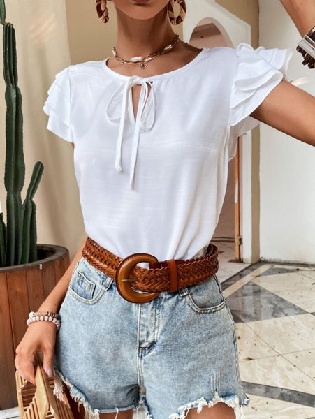 

tie neck layered sleeve blouse j4uy#, White