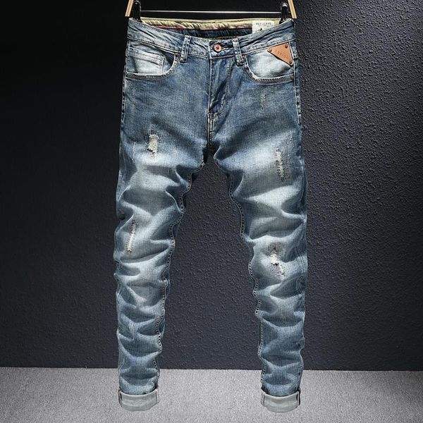 

men's jeans european vintage fashion men retro blue elastic slim fit ripped embroidery designer casual denim pencil pants