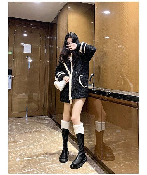 

boots knight women's lace-up high-long tube women are thin 2021 winter plus velvet medium thick-soled, Black
