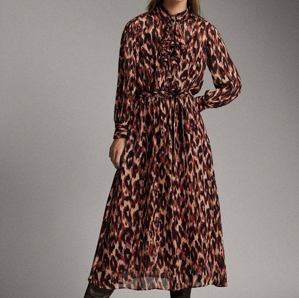 

casual dresses drmen dress 2021 leopard print waist long sleeve wooden ear neckline decorated, Black;gray