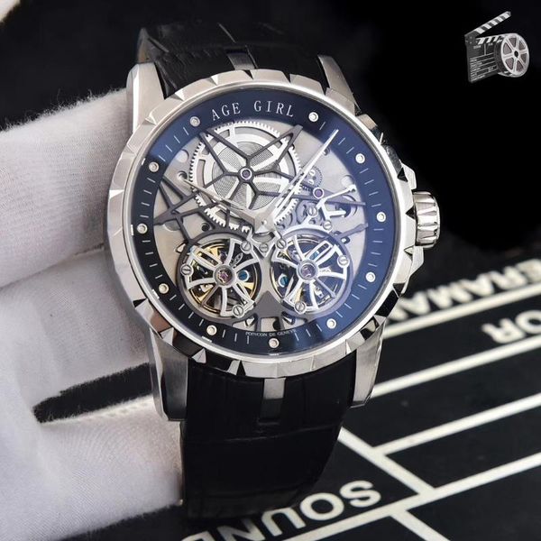 

wristwatches classic men automatic mechanical silver rose gold black brown leather two tourbillion 46 sapphire watch 47mm skeleton, Slivery;brown