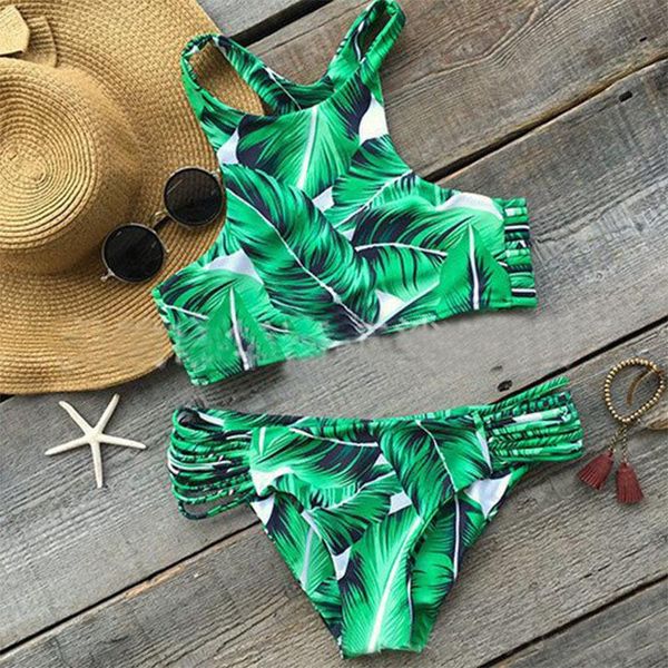 

one-piece suits womens summer halter bandage leaves print bikini set 2pcs swimsuit push up padded swimwear beachwear bathing suit monok