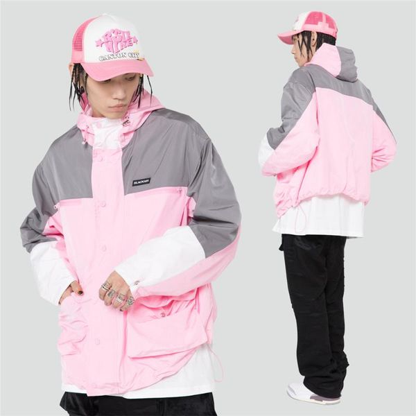 

men's jackets 2021 windbreaker jacket coat with hat color blocks patchwork streetwear oversized casual hooded clothing pockets, Black;brown