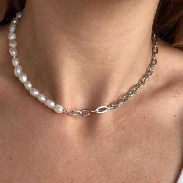 

chains vintage simulated pearl stitching clavicle chain necklaces for women ladies asymmetric gold silver color necklace jewelry