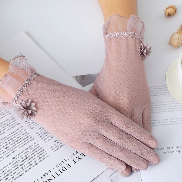 

summer lace sunscreen touch screen gloves pink uv protection women driving slip-resistant female anti sun driving flowers gloves, Blue;gray