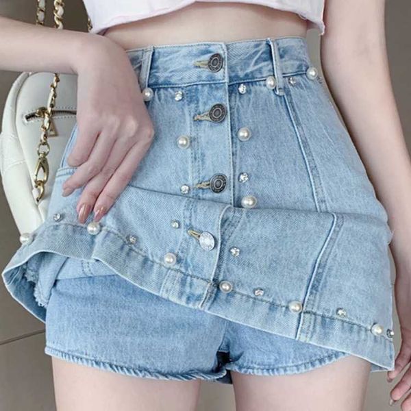 

fashion skirts summer chic slim design with beads and buttons denim wash water bag hip high waist shorts, Black