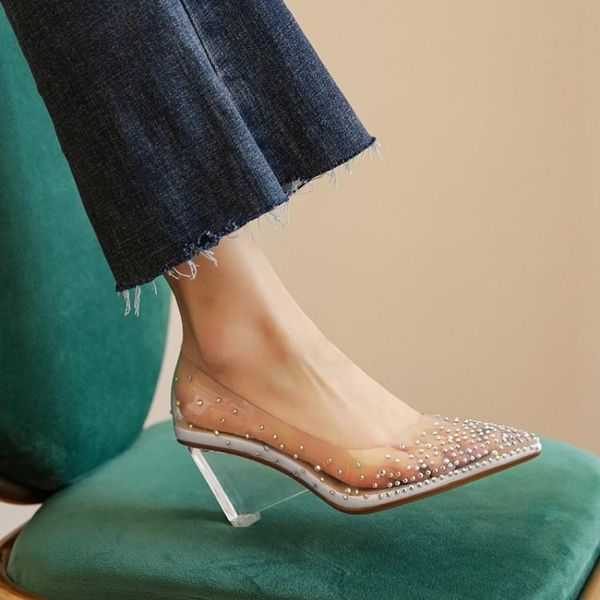 

dress shoes crystal heel pointed single high 2021 rhinestone transparent sequins fairy wedding large, Black