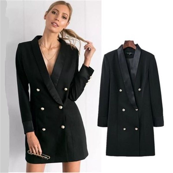 

sprin autumn blazer for women long sleeve double-breasted slim female office lady fashion clothing blazers dress, Black;gray