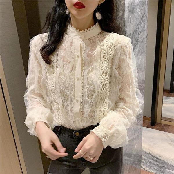 

fall 2021 new french retro apricot long sleeve women's heavy work half high neck hollowed out loose lace shirt, White