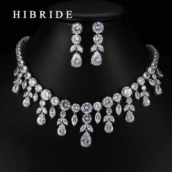 

earrings & necklace hibride fashion style water drop surrounded cz stone pendants rhodium plated bridal wedding jewelry sets n-68, Silver