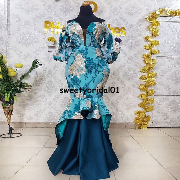 Африканское платье выпускного вечера ASO EBI Mermaid Blue Off Print Print Цветы Нигерийские выпускные платья вечеринки вечерние платья