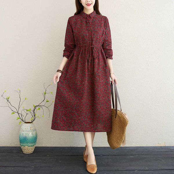 

2021 autumn pastoral small floral skirt casual splicing waist lace up long sleeve dr, Black;gray