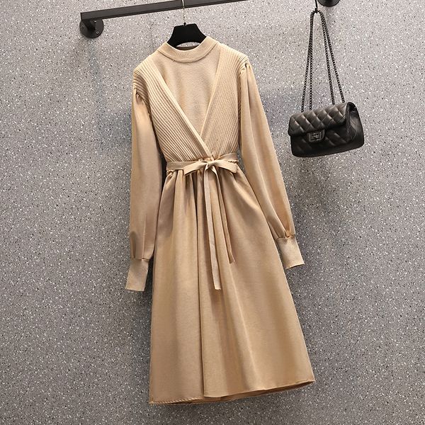 

Fake of Two Vintage Pieces Dressed As Spring Party Long Sleeve Bandage the Line Kintted Shreds Dress Feminine Plus Size Ol 0115, Black;gray