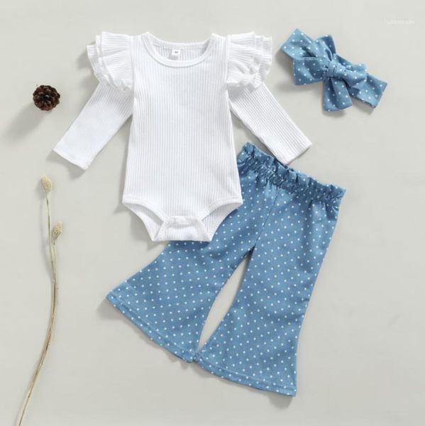 

clothing sets sweety baby girls casual outfits ribbed sleeve knitted romper dot print flared pants bowknot headband set 3pcs1, White