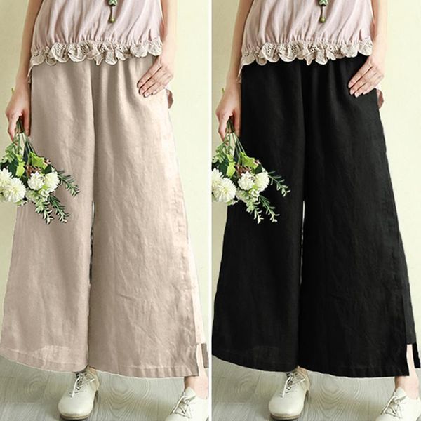 

women's pants & capris wide leg trousers 2021 zanzea elegant elastic waist summer pantalon stylish bell palazzo oversized casual turnip, Black;white