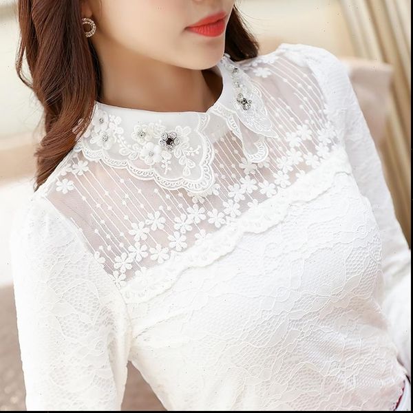 

women embroidery blouses female long sleeve korean doll collar bottom shirt turn down collar plus size 3xl, White