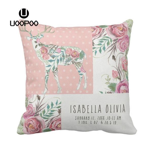 

custom woodland deer floral baby girl pillow cover birth decorative pillow case cotton canvas / polyester cushion cover for sofa