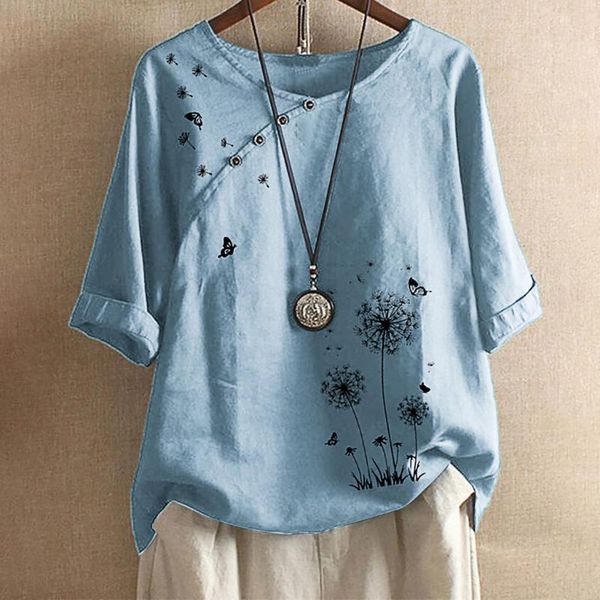 

elegant ladies cotton linen blouse shirt women flower butterflies print button half sleeve shirt loose plus size blouse, White
