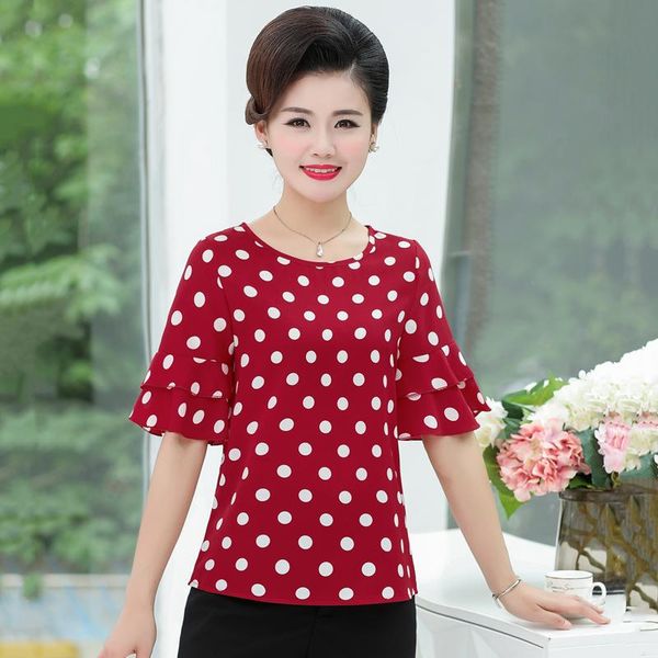 

women's t-shirt o-neck flare sleeve t-shirts summer plus size casual loose clothing for women polka dot printed streetwear womens tee, White
