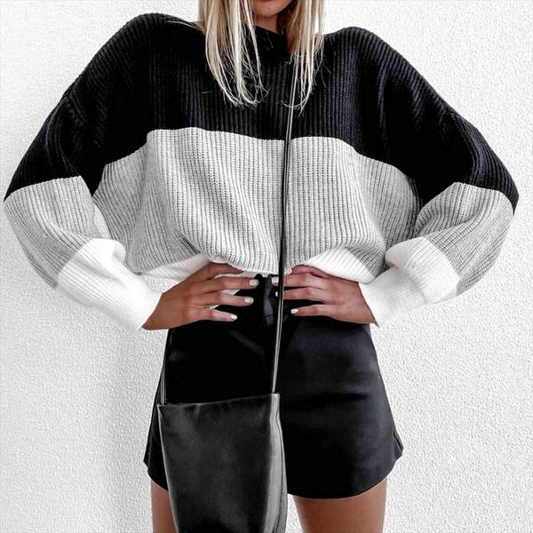 

women winter knitted clothes fashion sweaters patchwork knit warm female loose casual large size w3, White;black