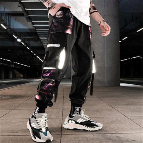

men's pants patchwork pocket cargo mens streetwear graffiti hip hop loose joggers sports sweatpants spring trend ins dance trousers, Black