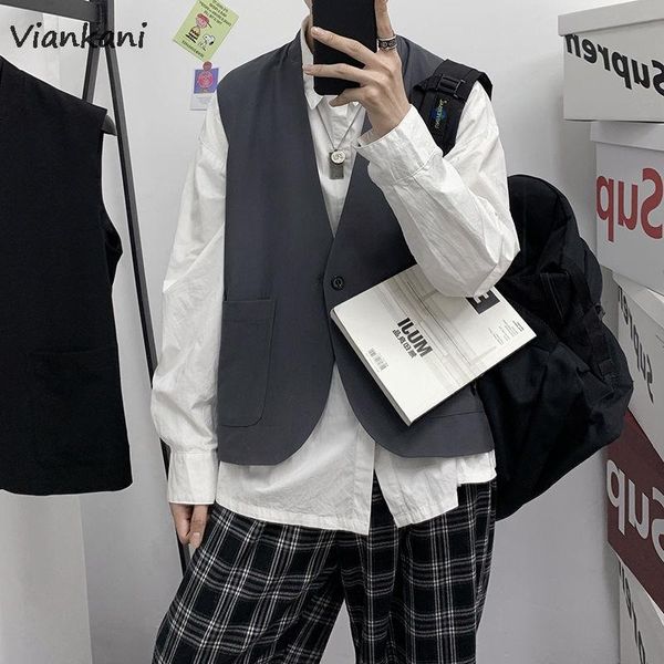 

men's vests suit vest autumn fashion solid color business casual jackets male korean streetwear wild loose v-neck blazer s-3xl, Black;white