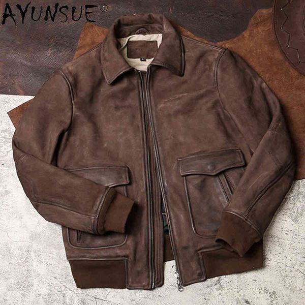 

avensuede - men's leather et, vintage sheep coat, cowhide, autumn and winter flying bomber hunter, large kj, Black
