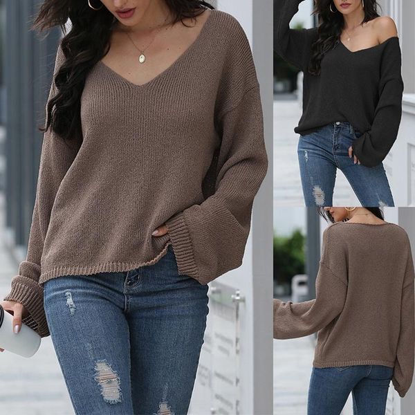 

autumn ladies pullover sweater off-shoulder knitted sweater lantern sleeve v-neck long sleeve, White;black