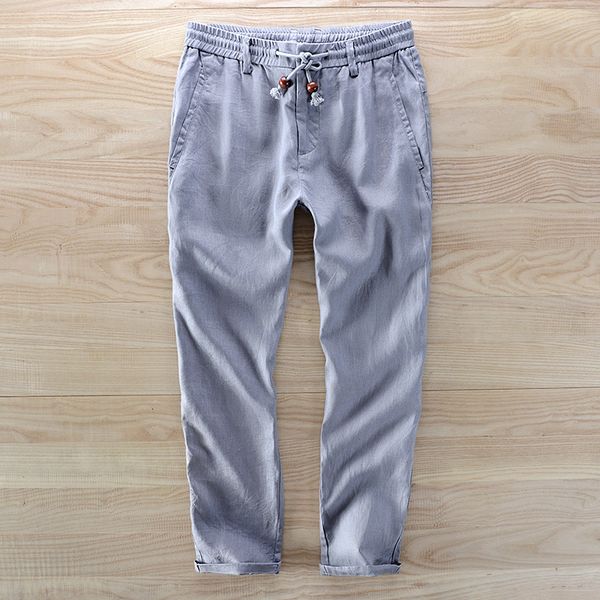 

2021 new arrival men's 100% linen ankle-length summer solid flax men pants 30-40 size loose trousers mens pantalon hombre leo7, Black