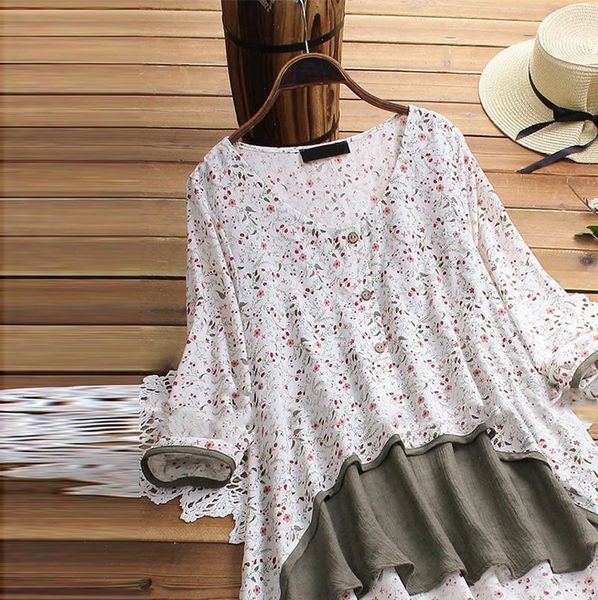 

women blouse casual irregular floral print patchwork long sleeve blouse womens and blouses camisas mujer new blusas, White