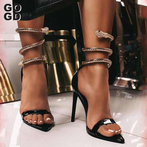 

[gogd]2021 summer women pumps sandals stiletto pointed toe ladies high heels fashion pu snake transparent female party shoe, Black