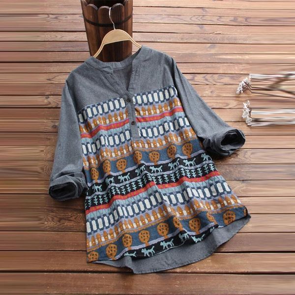 

vintage printed cotton and linen blouse women plus size 5xl shirts v neck casual long sleeve blouse blusas 40, White