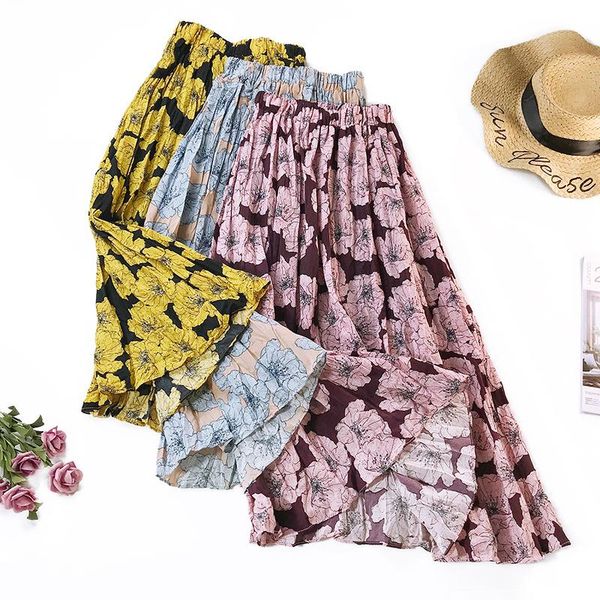 

skirts big flower skirt 2021 spring and summer fashion print pleated mid-length bottom vintage art, Black