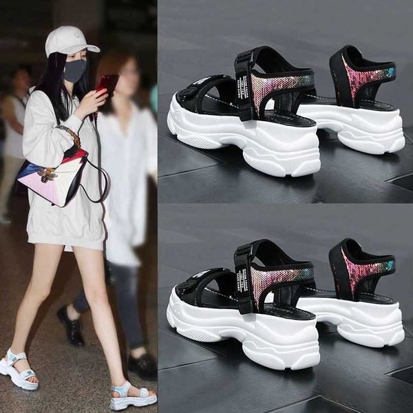 

dress shoes 2021 woman muffin bottom height sandals chunk wedge thick summer platform women size 35-40, Black