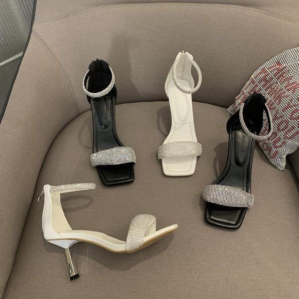 

sandals rhinestone high heels buckle strap square toe 2021 women's all-match clear shoes suit female beige high-heeled stiletto, Black