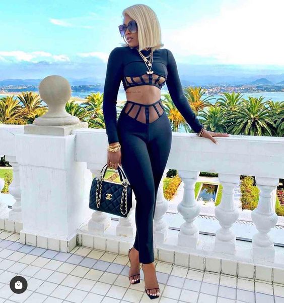 

women's two piece pants autumn woman pieces suit black full sleeves crop high waist female pencil skinny vintage vestios iuzz, White