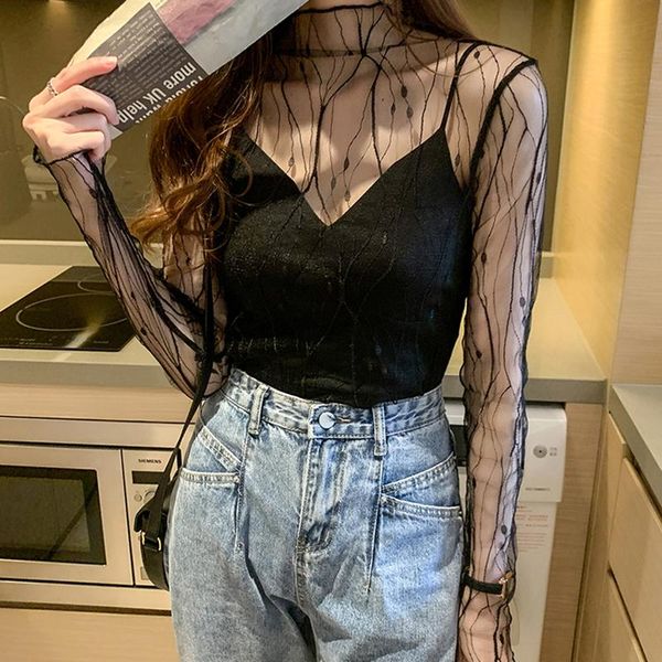 

women's blouses & shirts aossviao 2021 summer women casual mesh pattern blouse girls lace see through shirt for female black white bei