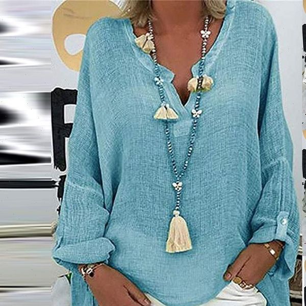 

womens and blouses plus size women casual long sleeve solid color loose v neck shirt blouse camisa mujer modis 38, White