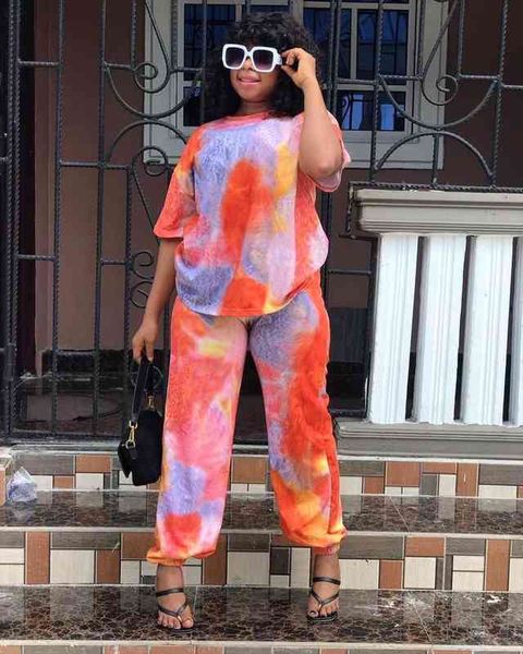 

vavcy spring autumn tie dye block t-shirt pant home loungewear women set, White