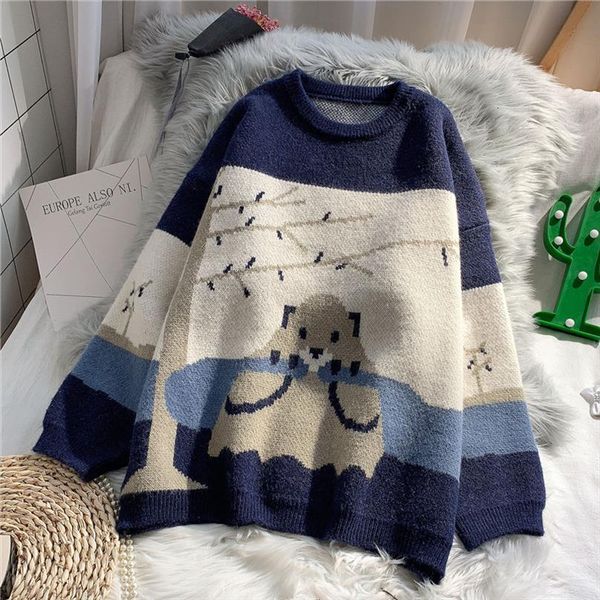 

autumn clothes japanese cartoon pattern women sweater lazy wind loose fall and winter outer wear pullover knit top, White;black