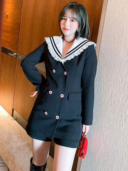

women's suits & blazers lace navy collar double breasted waistband coat 2021 spring plus sizes large size top, White;black
