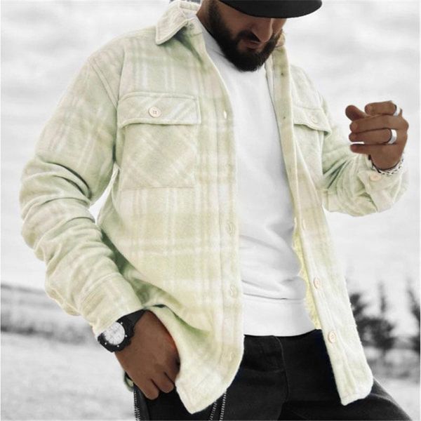 

men's casual shirts autumn winter for men cardigan lapel long-sleeved plaid shirt male woolen small coat retro loose, White;black