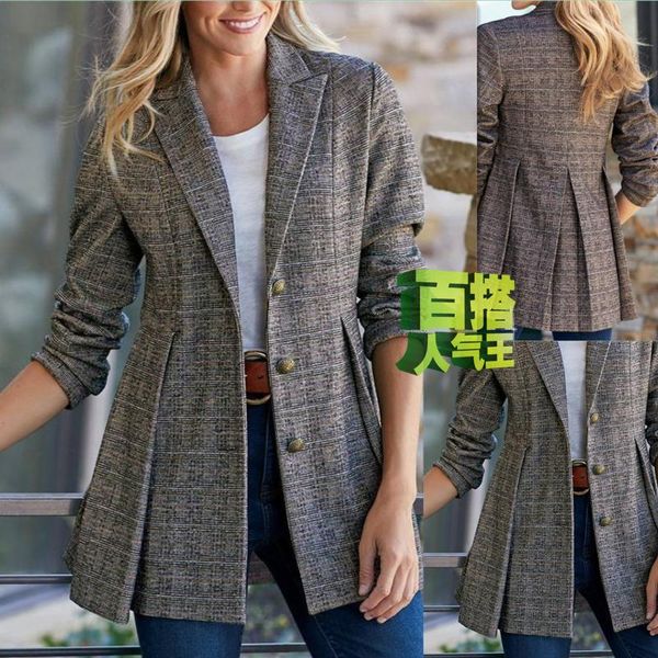 

women's suits & blazers kalenmos women suit collar casual pleated hem cardigan single-breasted retro slim plaid middle-class blazer wom, White;black